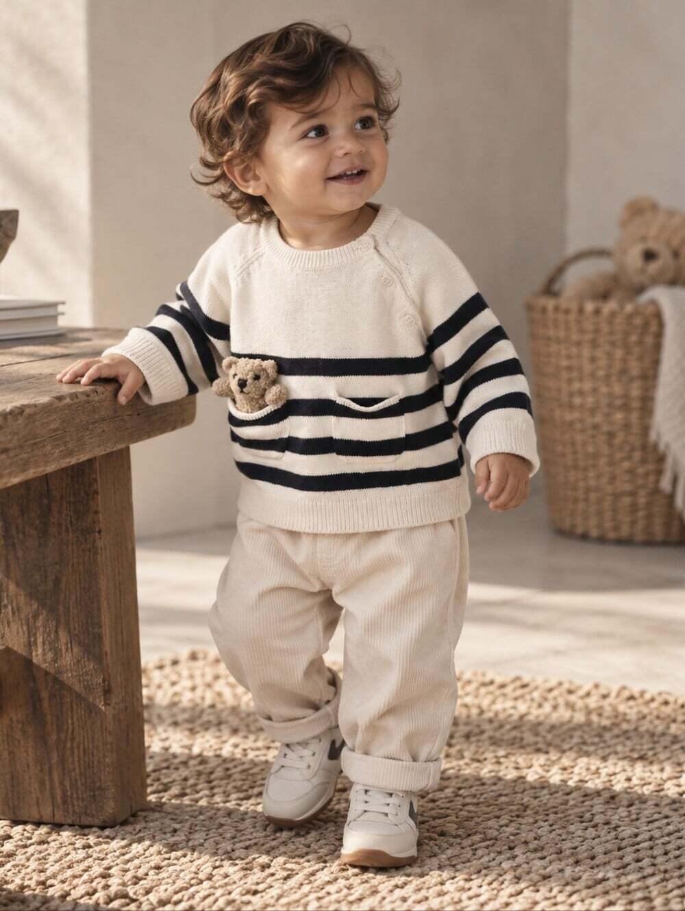 Baby Gap Teddy Bear Striped Knit Sweater 6-12M Cream Navy Preppy